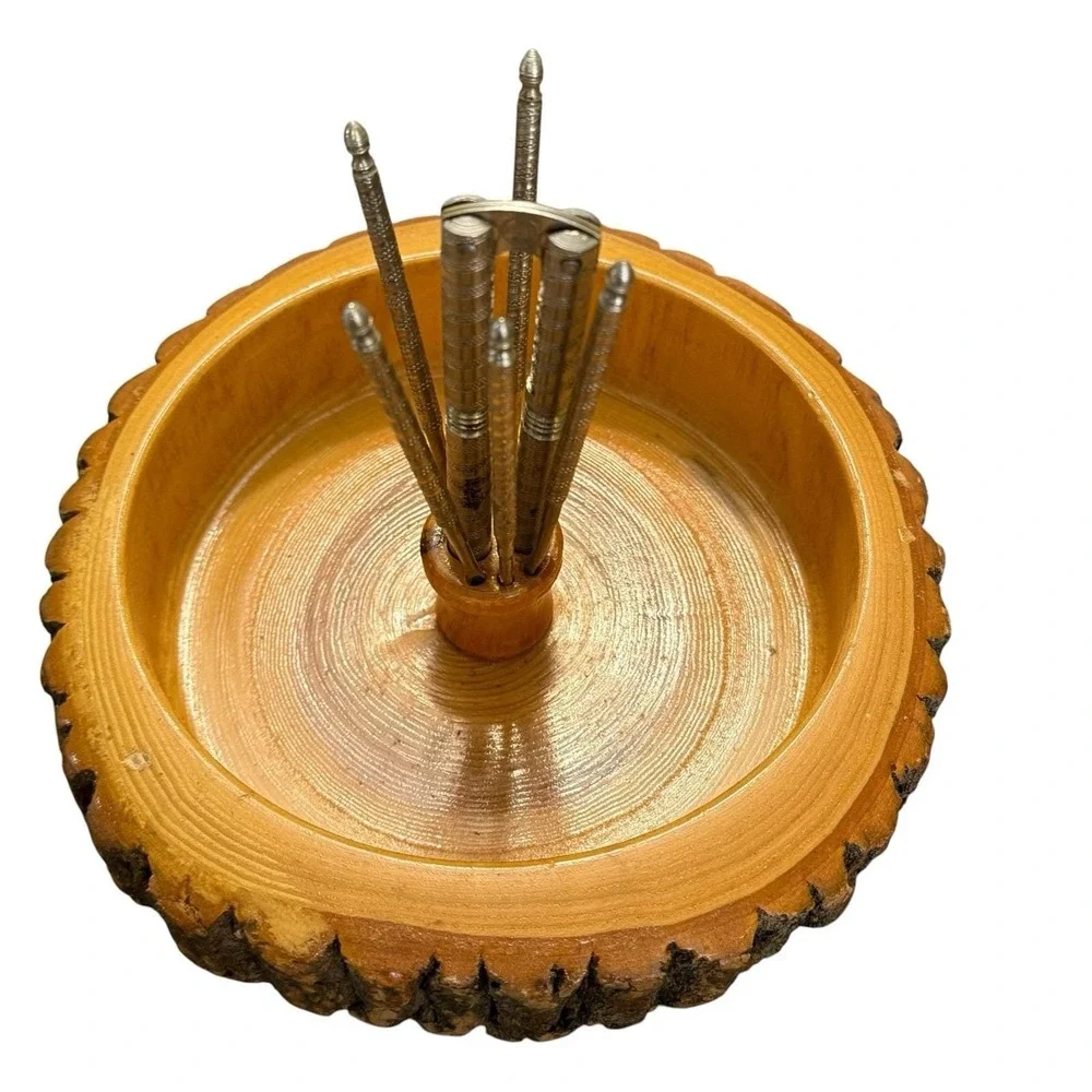 Vintage Wood Nut Bowl Bark Edge Nutcracker 5 Picks Rustic Mid Century Snack Set